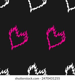 Burning heart, modern fashionable seamless pattern. Trend Y2K background in the style of the 00s 90s.  Perfect for textile, fabric, wallpaper, wrapping. Vector illustration