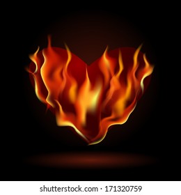 Burning heart on a black background - vector