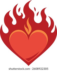 Burning Heart on Fire Vector Illustration | Red Flame | Flat Design Style | Logo Icon | Clipart Graphic	
