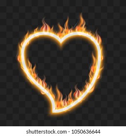 Burning heart on  transparent background. Heart-shaped ring of fire with copyspace. Frame for love, romance and Valentines Day Card. Vector illustration. Eps 10.