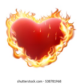 Burning heart on white. Heart in flame isolated on white background. EPS 10 vector file included