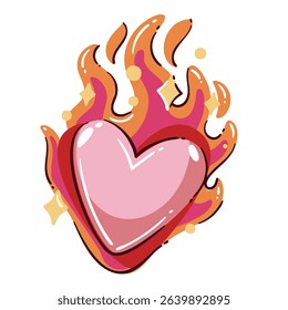 Burning heart with pink glossy surface and orange fire flames around it. Colorful hand drawn style. Funny vector illustration for western stickers, badges, prints, or social media.