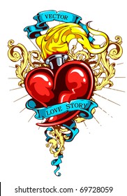 Burning heart with ribbon and flourish pattern. Tattoo style. Layered. Vector EPS 10 illustration.