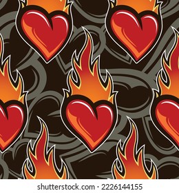 Burning heart seamless pattern design with love heart and fire flame vector art graphic for print, Valentine's day wrapping paper, postcard, wallpaper and textile