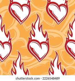Burning heart seamless pattern design with love heart and fire flame vector art graphic for print, Valentine's day wrapping paper, postcard, wallpaper and textile