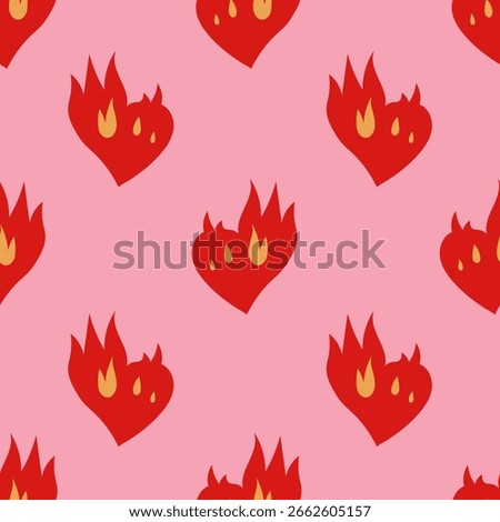 Burning Heart Seamless Pattern. Modern Love and Passion background with flame burst. Repeat vector illustration for valentines day decor and greeting card.