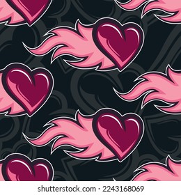 Burning heart seamless pattern vector image with love heart and fire flame art graphic for print, Valentine's day wrapping paper, postcard, wallpaper and textile design.
