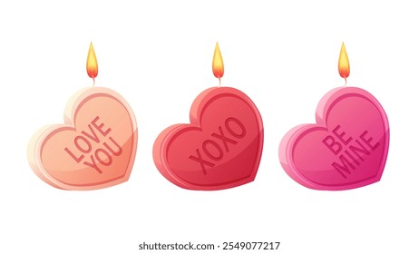 Burning heart shaped candles for Valentine's Day. Romantic candles with words on white background. Vector isolated illustrations