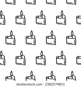 Burning heart shaped wax candle seamless pattern. Doodle pattern with heart candle isolated background. Wax candle wrapper and wallpaper for gift, spa salon, aromatherapy, Valentine day. Heart candle