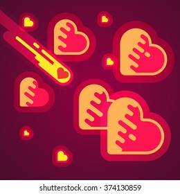 Burning heart speeding like a comet through galaxies in space. Cosmic love romance concept. Modern flat style vector illustration.