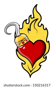 Burning Heart Tattoo with Pirate Hook - Vector Cartoon Illustration