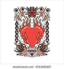 diseño vectorial del conjunto de tatuajes cardíacos ardientes
