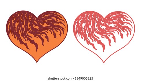 Burning heart. Valentine. Hand drawn engraving. Editable vector vintage illustration. Isolated on white background. 8 EPS