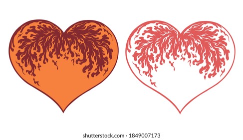 Burning heart. Valentine. Hand drawn engraving. Editable vector vintage illustration. Isolated on white background. 8 EPS