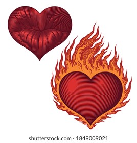 Burning heart. Valentine. Hand drawn engraving. Editable vector vintage illustration. Isolated on white background. 8 EPS
