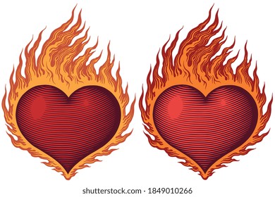 Burning heart. Valentine. Hand drawn engraving. Editable vector vintage illustration. Isolated on white background. 8 EPS