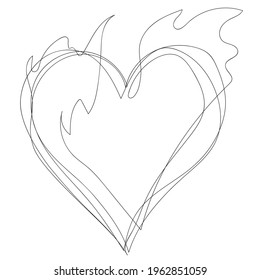 A burning heart. Vector line drawing, print design. Love.