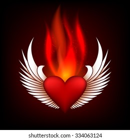 Burning heart with wings in flame tips. Grunge style. Colorful illustration.