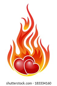 Burning hearts isolated on white