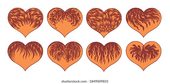 Burning hearts. Valentines. Design set. Hand drawn engraving. Editable vector vintage illustration. Isolated on white background. 8 EPS