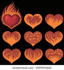Burning hearts. Valentines. Design set. Hand drawn engraving. Editable vector vintage illustration. Isolated on black background. 8 EPS