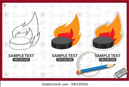 Burning hockey puck logo, realistic ice hockey puck in fire