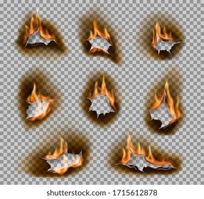 Burning holes with fire flames realistic vector design. Burnt paper holes on transparent background with scorched and cracked edges, ashes and brown burnts, fire flames and blaze