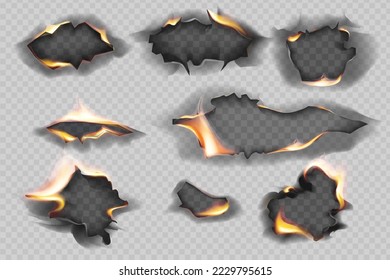 Agujeros en llamas, llamas de fuego. Papel quemado realista. Papel quemado, llama de fuego realista, hoja de página aislada, ilustración vectorial de cenizas rotas