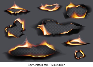 Burning holes, fire flames. Realistic burnt paper. Burned paper realistic fire flame isolated page sheet torn ash vector illustration