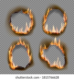 Burning holes, vector burn paper fire with realistic charred edges isolated objects. 3d flame on sheet. Burned abstract holes in fire flames, torn borders and ripped frames on transparent background