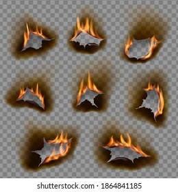 Burning holes, vector burn paper fire with realistic charred edges, 3d flame on sheet. Burned round holes in fire flames, torn borders and ripped frames isolated objects on transparent background