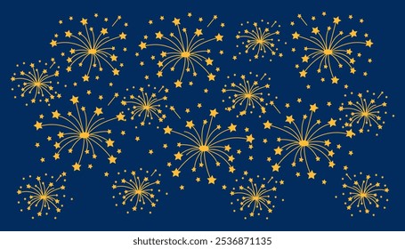 Burning holiday sparkles in the dark night sky. Holiday elements background. Celebration concept.