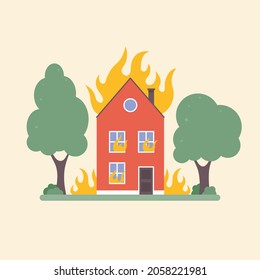 Burning Home. Property Insurance Against Fire. Safety First. House On Fire Vector Illustration Isolated On White Background.