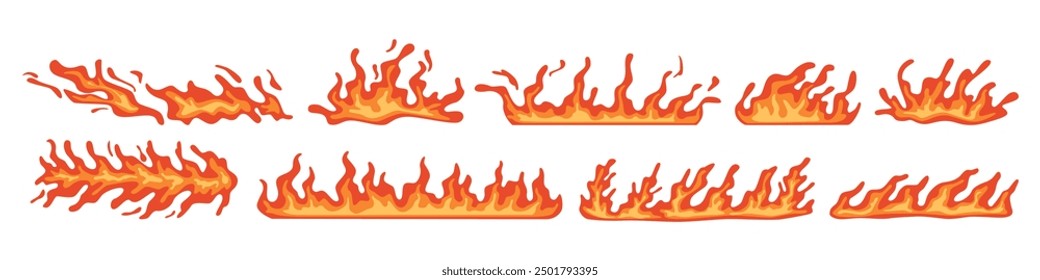 Quemando líneas Horizontales con fuego ardiente. Vector de lenguas aisladas de llama. Sencillo efecto de incendio o hoguera. Textura de fogata ardiente, llamaradas e ignición en el suelo. Poderosa fuerza natural