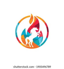 Burning horse in fire flame logo vector design template. Speed, freedom and strength symbol.	