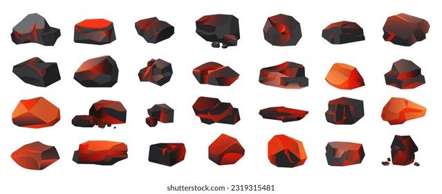 Burning hot black coal set vector illustration. Cartoon isolated red single stone and pile of charcoal for grill and barbecue, smoldering coal briquette glowing in fireplace, burnt warm pieces
