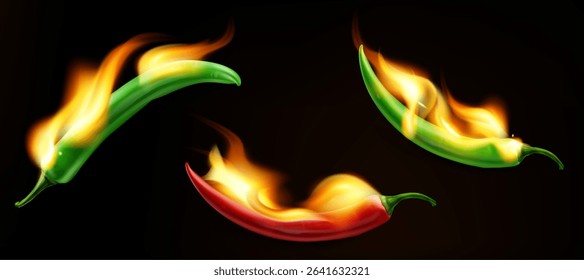 Burning hot chili peppers with realistic fire flames on black background - spicy red and green pepper collection for Mexican cuisine, hot sauce packaging design and culinary heat level illustration.
