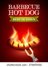 Burning hot dog on a fork ,red background with a logo. Vector illustration.