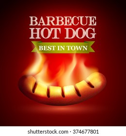 Burning hot dog on a red background with a logo. Vector illustration.