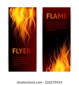 Burning hot flame campfire strokes realistic fire on dark background vertical banners set isolated vector illustration