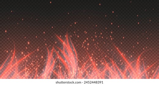 Burning hot sparks effect with embers burning ash and smoke flying in the air. Burning glowing particles. Flame of fire with sparks isolated on a black transparent background. Flame png.