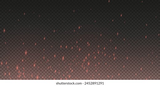 Burning hot sparks effect with embers burning ash and smoke flying in the air. Burning glowing particles. Flame of fire with sparks isolated on a black transparent background. Flame png.