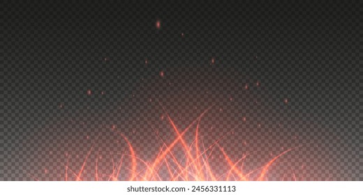 Burning hot sparks effect with embers burning ash and smoke flying in the air. Burning glowing particles. Flame of fire with sparks isolated on a black transparent background. Flame png.