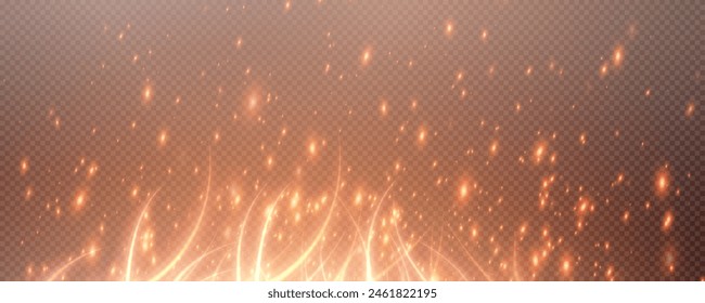 Burning hot sparks effect with embers burning ash and smoke flying in the air. Burning glowing particles. Flame of fire with sparks isolated on a black transparent background. Flame png.