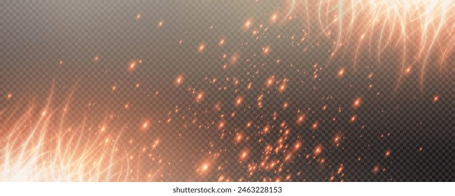 Burning hot sparks effect with embers burning ash and smoke flying in the air. Burning glowing particles. Flame of fire with sparks isolated on a black transparent background. Flame png.