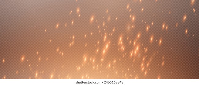 Burning hot sparks effect with embers burning ash and smoke flying in the air. Burning glowing particles. Flame of fire with sparks isolated on a black transparent background. Flame png.