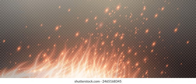 Burning hot sparks effect with embers burning ash and smoke flying in the air. Burning glowing particles. Flame of fire with sparks isolated on a black transparent background. Flame png.
