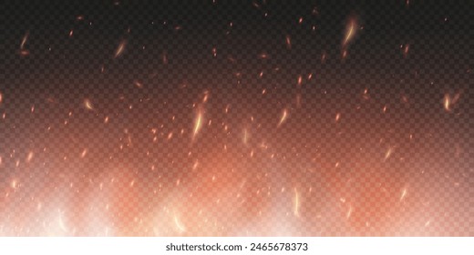 Burning hot sparks effect with embers burning ash and smoke flying in the air. Burning glowing particles. Flame of fire with sparks isolated on a black transparent background. Flame png.