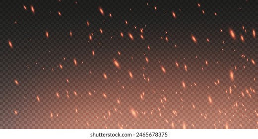 Burning hot sparks effect with embers burning ash and smoke flying in the air. Burning glowing particles. Flame of fire with sparks isolated on a black transparent background. Flame png.
