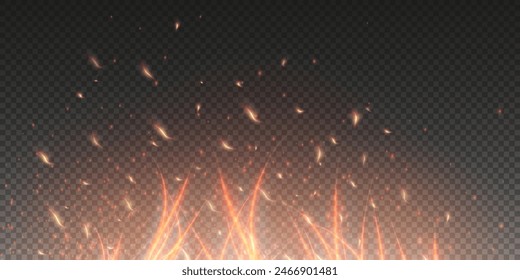 Burning hot sparks effect with embers burning ash and smoke flying in the air. Burning glowing particles. Flame of fire with sparks isolated on a black transparent background. Flame png.